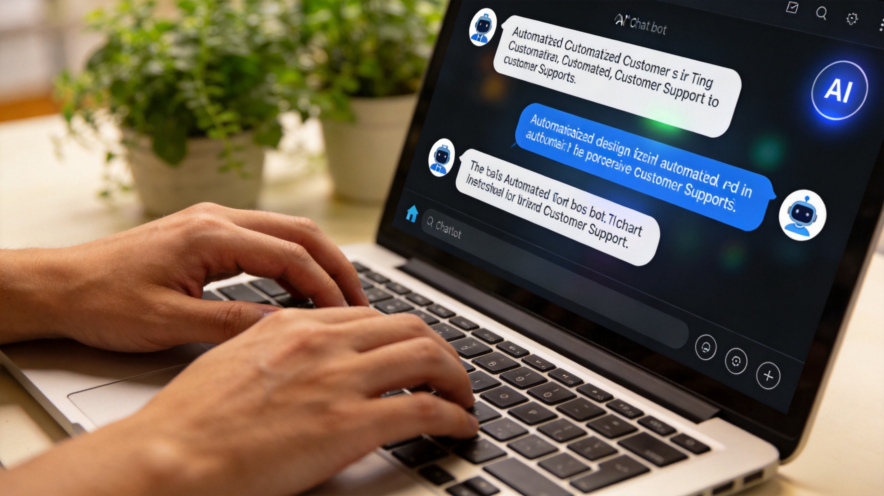 Hands on keyboard testing AI chatbot customer support with conversation visible on screen