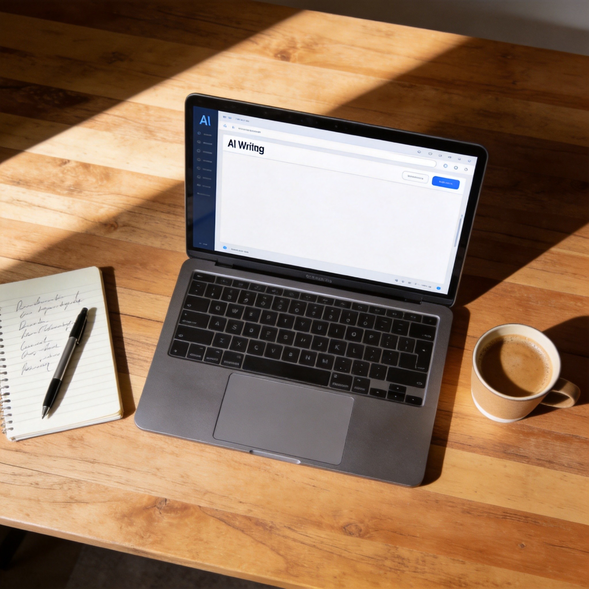 Laptop with AI writing interface open, coffee and notebook on wooden desk