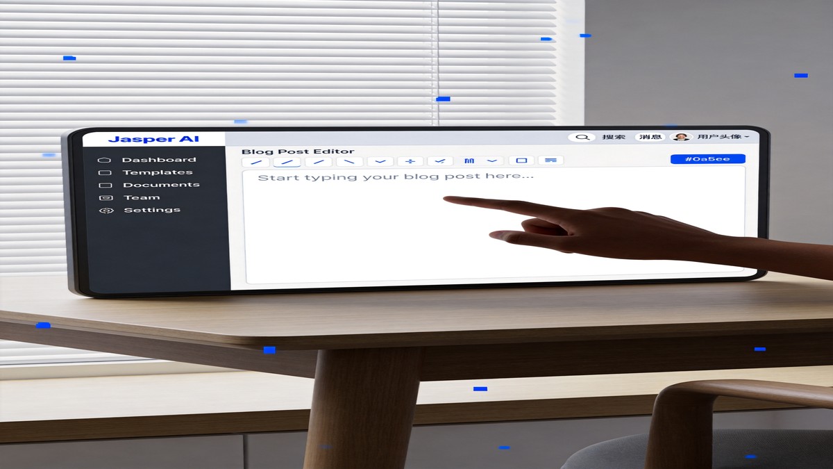 Jasper AI blog writing interface showing the template selector, document editor, and brand voice settings panel